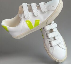 Veja White and Neon Yellow Velcro Sneakers